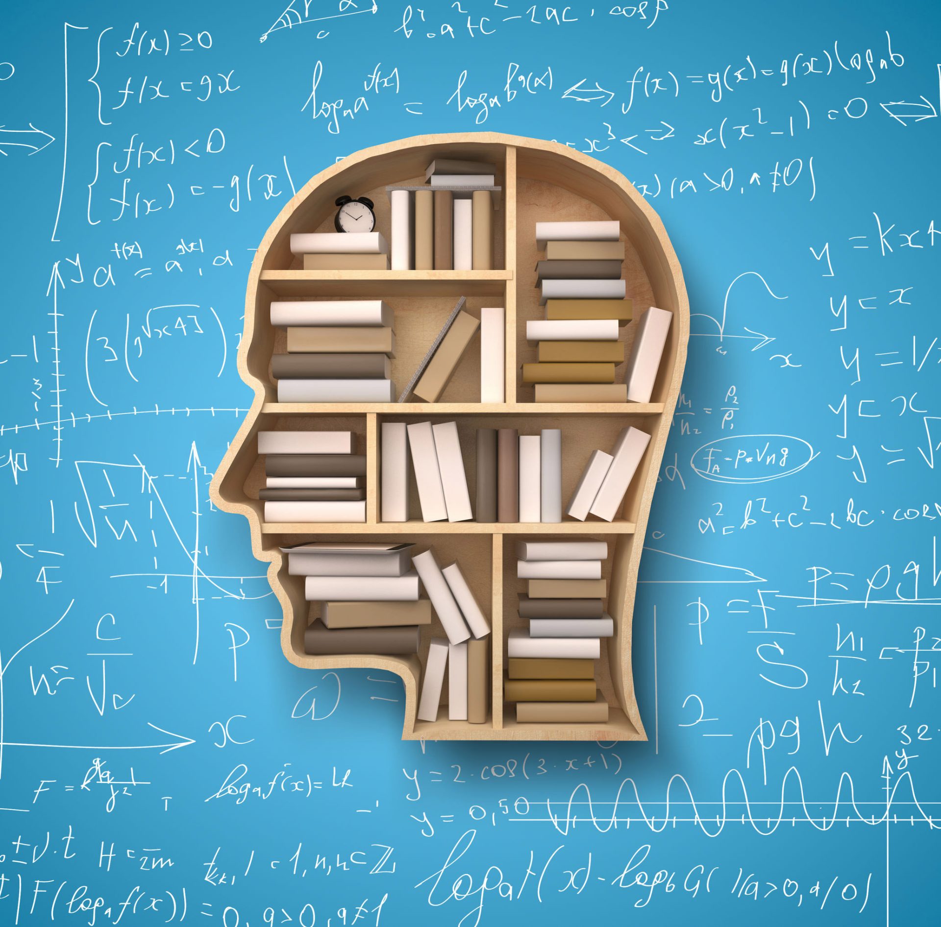 a graphic of a head filled with books on top of a background of equations